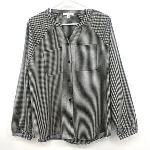 Daily Thread Womens L Houndstooth Button Front Blouse Black White Long Sleeve
